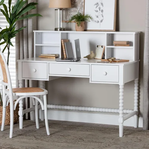 Vista 2 de Baxton Studio Archwood Writing Desk with Hutch 3-Drawer Wood Desk White