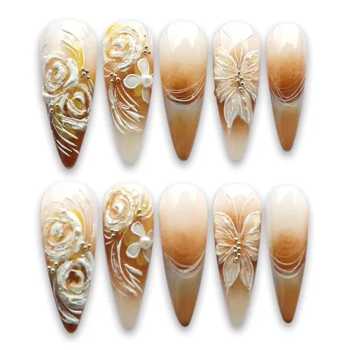 Vista 17 de Uñas largas a presión con estampado de leopardo de aguja rosa y blanco, punta francesa, uñas postizas a presión con diseño de bolas de acero