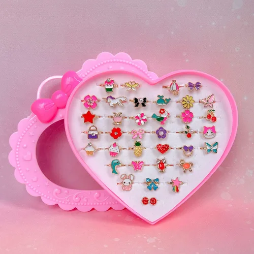 Vista 3 de Elesa Miracle 36 anillos de joyería ajustables para niños y niñas pequeñas en caja, anillos de juego de simulación y disfraces con vitrina
