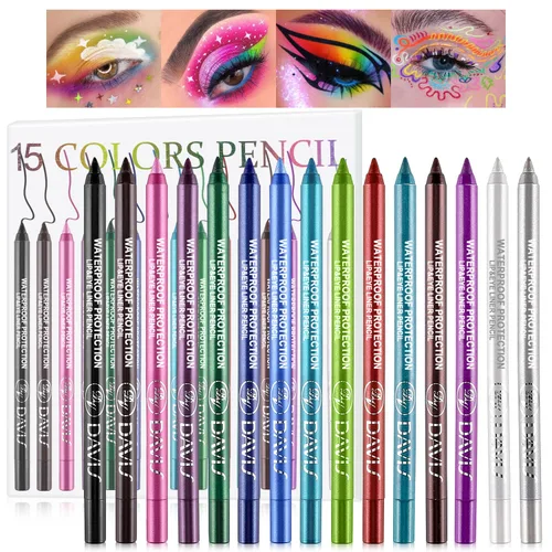 Vista 17 de Juego de 3 lápices delineadores de ojos coloridos, lápiz de sombra de ojos, kit de delineador de ojos perlado metálico con purpurina para mujeres