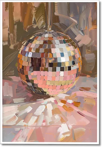 Vista 10 de Arte de Pared en Lienzo de Bola de Discoteca Rosa Suave de Moda, Póster con Textura de Bola de Espejo Plateada Funky para Chica, Impresión