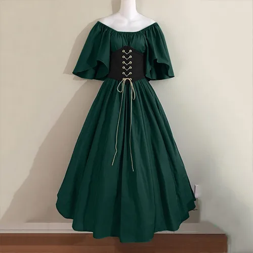 Vista 2 de Blczomt Vestidos retro de manga acampanada para mujer vestido de fiesta de Halloween vestido medieval renacentista victoriano