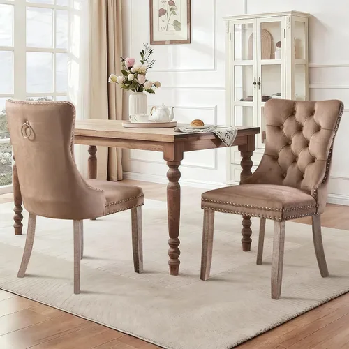 Vista 15 de SoarFlash Juego de 2 sillas de comedor de terciopelo, silla lateral de respaldo alto, silla lateral moderna tapizada de alta gama con botones Beige