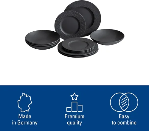 Vista 4 de Villeroy & Boch Manufacture Rock - Juego de vajilla de 12 piezas, servicio para 4, platos llanos, platos de ensalada y cuencos para pasta, porcelana