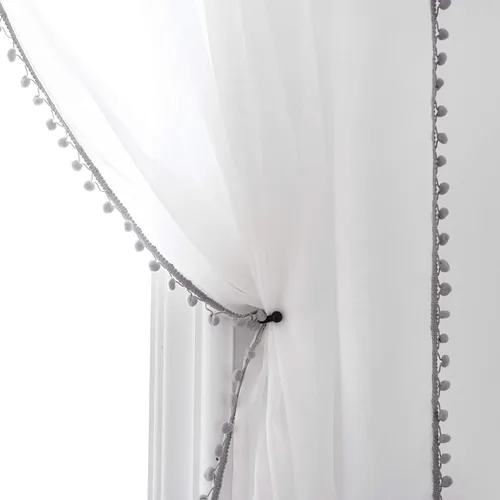 Vista 14 de MISS SELECTEX Cortinas semitransparentes con aspecto de lino y borlas de pompones - Cortinas de gasa semitransparentes con bolsillo para varilla