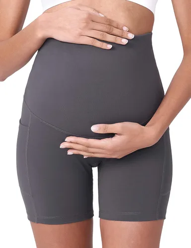 Vista 4 de POSHDIVAH - Pantalones cortos de yoga para embarazadas, cubren la barriga, pantalones deportivos cortos para correr, hacer ejercicio y el verano