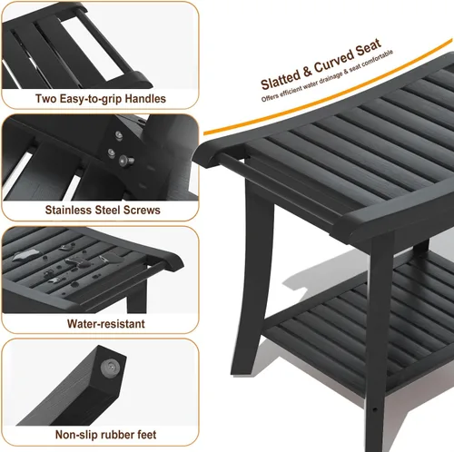 Vista 7 de Taburete Banco de Ducha de Bambú Impermeable con Estante de Almacenamiento para Afeitarse las Piernas o Asiento de Baño de Spa en el Baño y Dentro