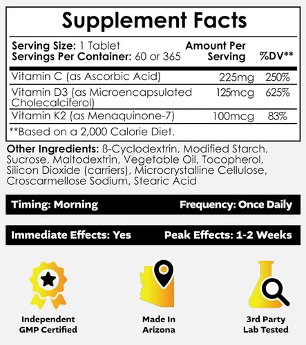Vista 2 de Nootropics Depot Vitamina D3 + K2 con tabletas de vitamina C 365 unidades 125μg Equivalente a 5000 UI Año de suministro