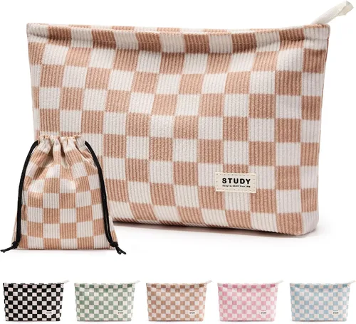 Vista 16 de WLLWOO - 2 bolsas de maquillaje de pana con cara sonriente, bolsa de cosméticos con cremallera interior impermeable, estuche para lápices, monedero