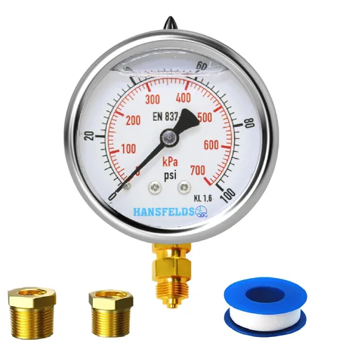 Vista 11 de Medidor de presión relleno de líquido de 0-100 psi, cara de dial de 2.5 pulgadas, carcasa de acero inoxidable para montaje trasero NPT de 1/4