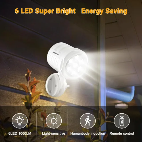 Vista 2 de Luz de exterior con sensor de movimiento, funciona con pilas, 6 LED de 1000 lúmenes inalámbricos con control remoto, IP65 impermeable 6000 K, luz