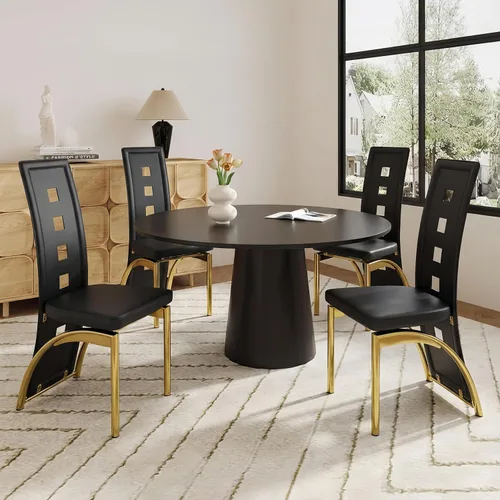 Vista 4 de Juego de 2 sillas de comedor modernas, juego de 2 sillas de comedor negras, sillas de cocina tapizadas de piel sintética con patas de metal dorado