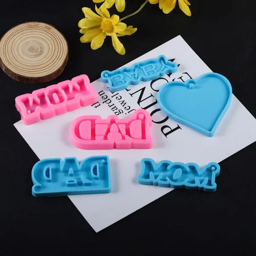 Vista 5 de 1 molde de resina epoxi con letras de mamá papá, moldes de silicona para colgantes de corazón, molde de fundición para herramientas de fabricación