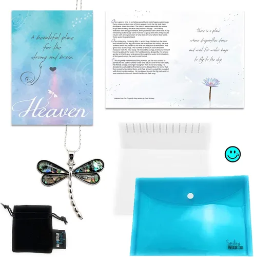 Vista 4 de Smiling Wisdom - Juego de tarjeta de felicitación de historia de libélula del cielo - Collar de libélula de abulón - Pérdida, dolor, duelo