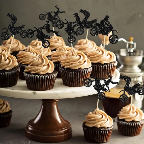 Vista 5 de Gyufise 24 piezas de adornos para cupcakes de motocicleta con purpurina negra para motocross, fiesta de motocross, para deportes, tema de motocross