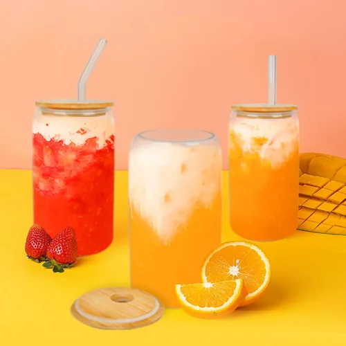 Vista 3 de GIVAMEIHF - Juego de 12 vasos de vidrio con tapas y popotes, juego de vasos de vidrio de 16 onzas, vasos de café helado con tapas de bambú y popotes