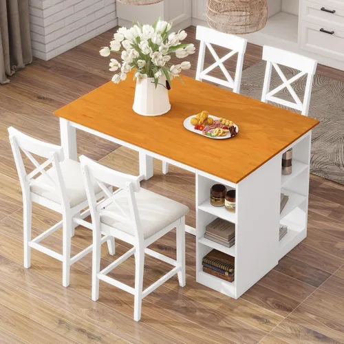 Vista 11 de Mid-Century - Juego de comedor de 5 piezas, altura de mostrador, mesa consola de madera con patas de caballete y 4 taburetes para lugares pequeños