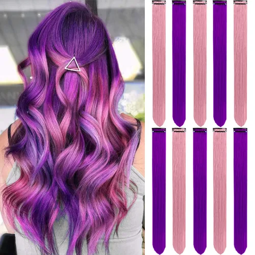 Vista 7 de 20 extensiones de cabello de colores, coloridas extensiones de cabello sintético con clip, extensiones de cabello sintético largo y lacio