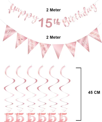 Vista 2 de BRT Bearingshui Kit de decoración de cumpleaños número 15 para niñas, serpentinas de banderines de feliz 15 años, pancarta de bandera triangular