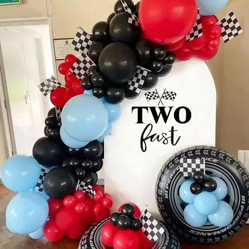 Vista 3 de Letrero con texto en inglés «Two Fast Birthday» para telón de fondo, calcomanías temáticas de auto de carreras, 2 decoraciones de cumpleaños