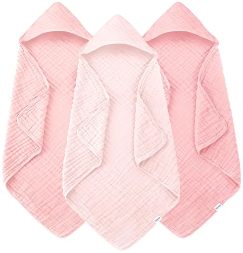 Vista 11 de Toallas de baño de muselina con capucha para bebé, paquete de 3 toallas 100% algodón ultrasuaves para recién nacidos, bebés, niños pequeños, 32 x 32