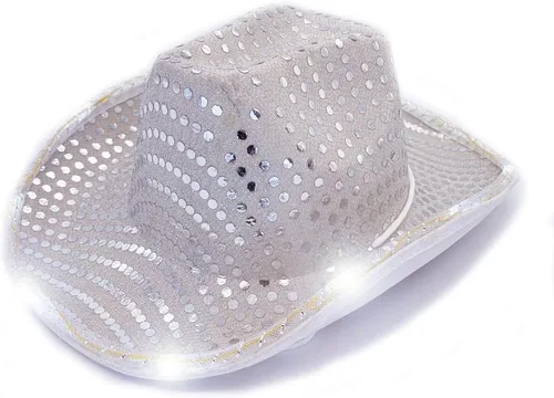 Vista 10 de Sombrero de vaquero con lentejuelas LED para fiesta de fiesta intermitente, fiesta de baile para cumpleaños, boda, festival, Halloween