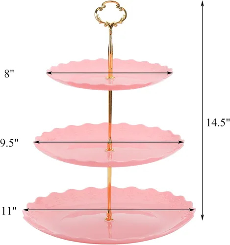 Vista 2 de Tosnail Paquete de 3 bandejas de plástico rosa para cupcakes de 3 niveles, soporte para postres con barra dorada de 3 estilos, bandejas de servir