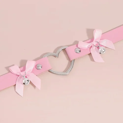 Vista 4 de Gargantilla gótica de cuero con forma de corazón, collar de campana con nudo de lazo, gargantilla punk sexy, collar de corazón hueco para mujer
