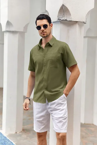 Vista 3 de Camisa de lino de manga corta para hombre, con botones, cuello extendido, para vacaciones, playa