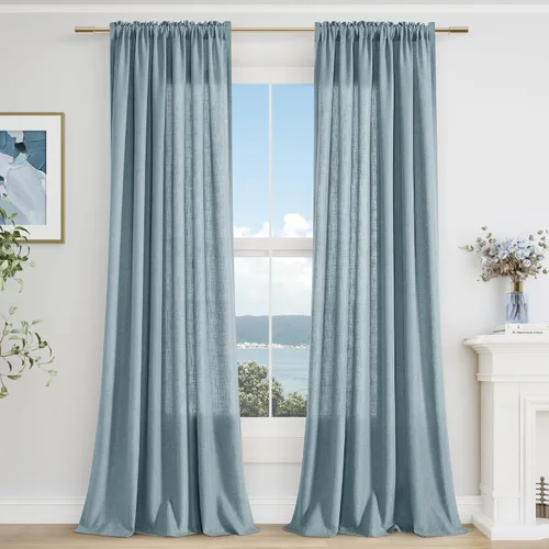 Vista 68 de Cortinas de lino verde aguamarina de 84 pulgadas de largo, juego de 2 paneles semitransparentes con bolsillo para barra para comedor, decoración