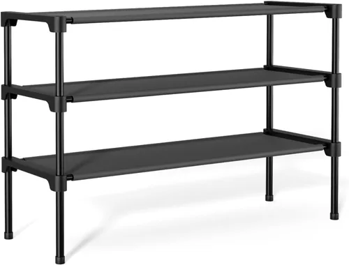 Vista 9 de Zapatero de diseño ensanchado de 32.3 pulgadas para armario, 16 pares de espacios pequeños, no tejido, organizador de zapatos de 3 niveles, estante