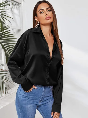 Vista 3 de SOLY HUX Women's Satin Silk Long Sleeve Button Down Shirt Office Work Blouse Top