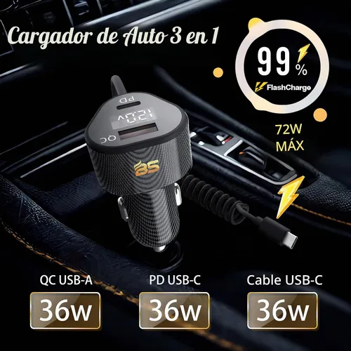 Vista 2 de Cargador de coche de 72 W para iPhone 17 16 15 Pro Max, cargador de coche 3 en 1 USB C de carga rápida con cable retráctil en espiral, adaptador
