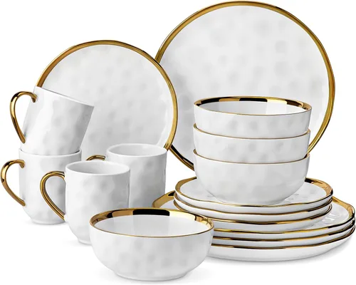 Vista 11 de LOVECASA Juego de 12 piezas de platos y cuencos, vajilla de porcelana negra y dorada, platos de cena redondos, juego de vajilla para 4 personas