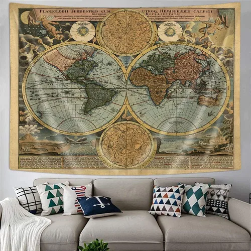 Vista 2 de Tapiz de Mapa del Mundo Vintage, Arte de Pared de Mapa Náutico Antiguo del Mundo, Tapiz Pirata Retro de Atlas Geográfico Histórico Wanderlust