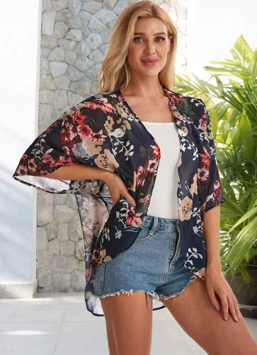 Vista 5 de Cárdigan tipo kimono para mujer, de manga abombada con estampado floral, casual