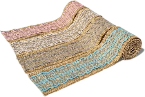 Vista 4 de LWR CRAFTS Cinta de arpillera natural con encaje (azul)