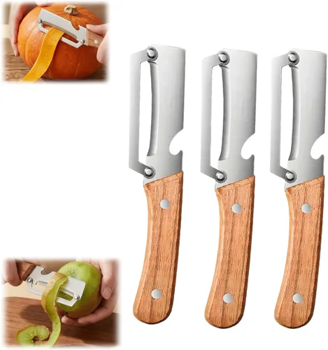 Vista 9 de Pelador de verduras multifuncional para cocina, hoja de acero inoxidable ultra afilada con mango de madera y abridor de botellas, para frutas y 1