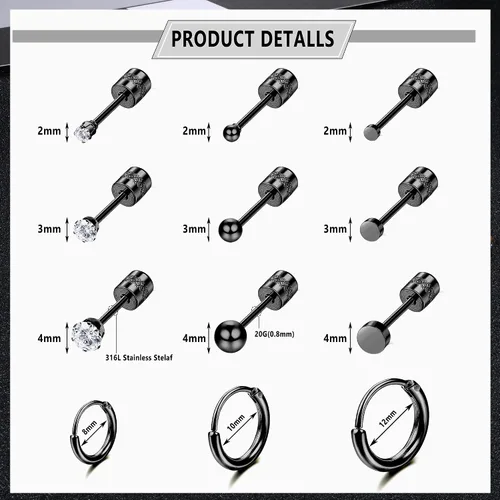 Vista 5 de LOYALLOOK Aretes tipo dormilona de acero quirúrgico con circonita cúbica para mujeres y hombres, chapados en oro de 14 quilates, aretes pequeños