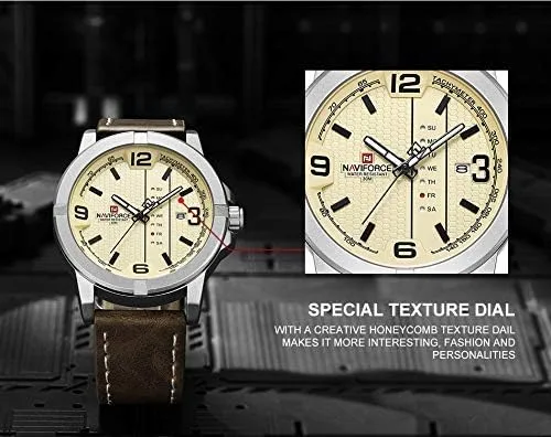 Vista 6 de NAVIFORCE Date Quartz Men Casual Militar Sports Japón Movimiento de cuarzo Relojes de pulsera de cuero genuino plata