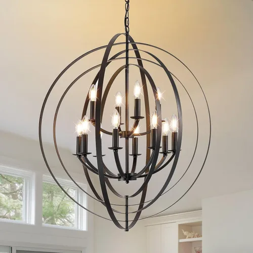Vista 11 de Candelabro de granja negro, accesorios de luz colgante de farol de 7 luces, accesorios de iluminación de vestíbulo industrial rústico, candelabros