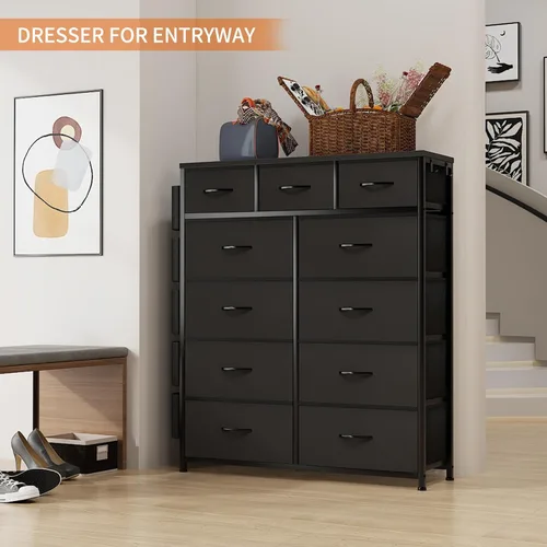 Vista 5 de Cómoda de almacenamiento de tela con 11 cajones para organización del dormitorio, cómoda con estantes profundos, bolsillos laterales y ganchos, Negro