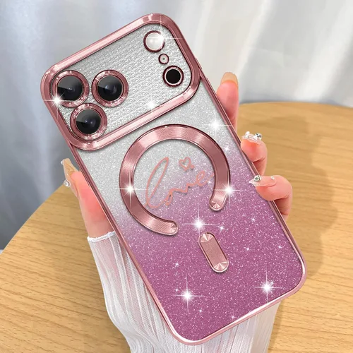 Vista 23 de ZIYE - Funda magnética diseñada para iPhone 13 con purpurina, color negro Luxury Plating Love Heart Compatible with MagSafe Camera Protection