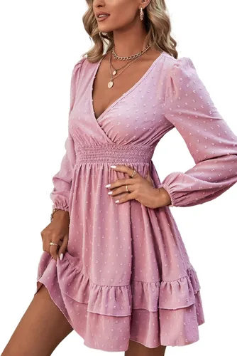 Vista 4 de Rooscier Vestido corto de manga larga con cuello en V y volantes para mujer