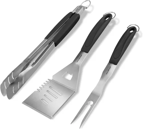 Vista 9 de HAUSHOF Accesorios para Parrilla Grandes de Servicio Pesado, Juego de Barbacoa, Regalos para Hombres y Mujeres - Espátula, Tenedor y Pinzas de Acero