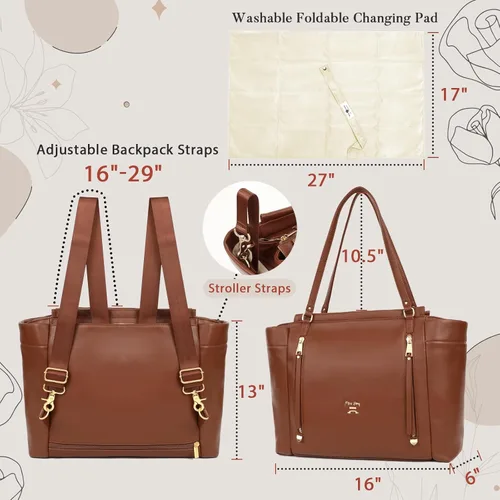 Vista 8 de miss fong Mochila para pañales de bebé, bolsa de pañales de cuero, bolsa de pañales con cambiador, correas para cochecito y 2 bolsillos aislados