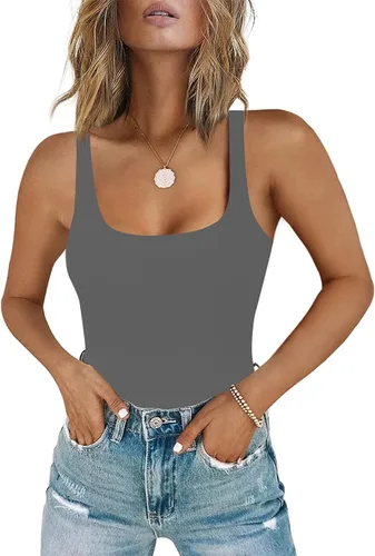 Vista 17 de Chunpin - Body sin mangas con cuello cuadrado para mujer, traje de leotardo, tanga, conjuntos de body A-Negro