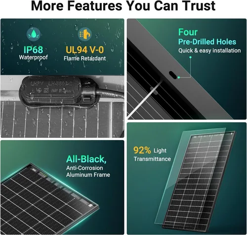Vista 6 de HQST Panel solar bifacial tipo N 16BB 200 W, con 25% de eficiencia, células de grado A+, clasificación IP65 para RV, remolque, marino, techo