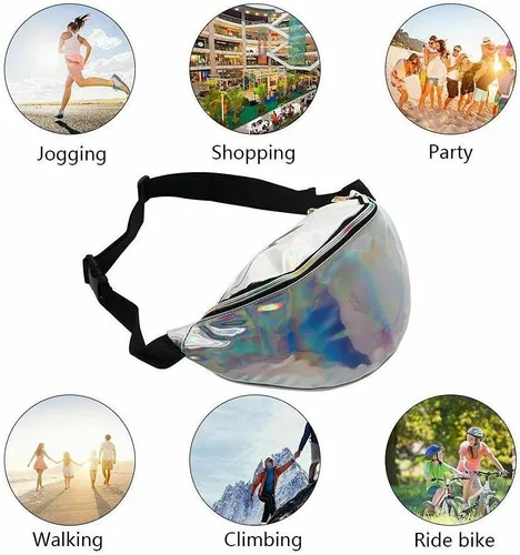 Vista 3 de Elegante mujer iridiscente holograma riñonera brillante metálico cintura bolsa punk chica para festival rave senderismo correr ciclismo, plateado