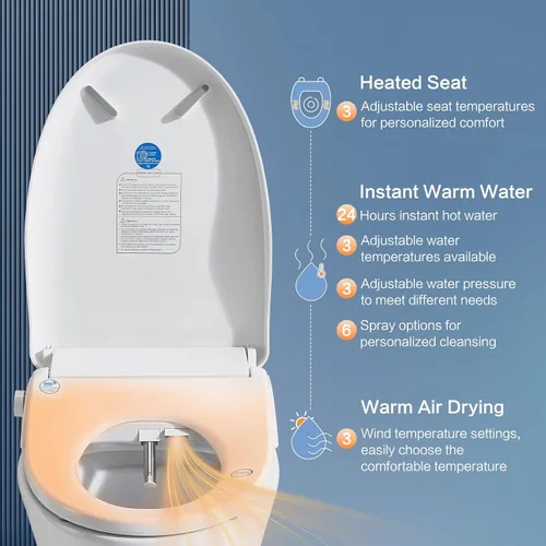Vista 2 de Asiento de inodoro inteligente con control remoto, asiento con calefacción ajustable y secador de aire, agua caliente instantánea sin fin, múltiples